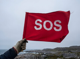 hand holding bright red SOS flag, clear distress signal, simple bold design for easy 