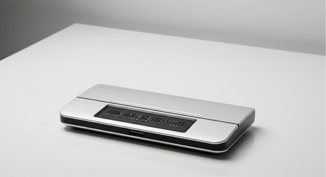 Modern refreshable Braille display device on white background. Electronic assistive technology for visually impaired reading, communication, and digital accessibility.