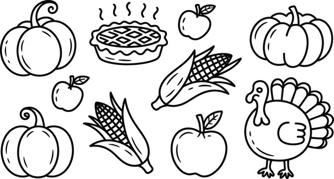 Thanksgiving & Harvest Icons – Pumpkins, Turkey, Pie, Corn & Apple Fall Line Art Set.