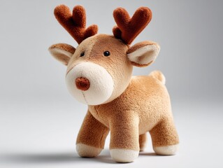 Fototapeta premium Cute plush reindeer toy with brown antlers on a soft, neutral background.