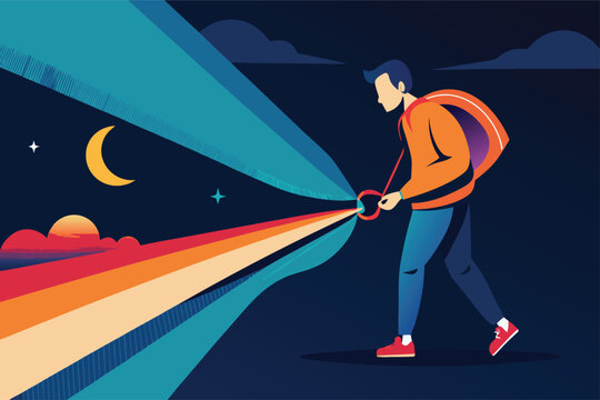 Illuminate your path with vibrant colors, a man walking into the night with a spectrum of light, bringing hope and positivity to a dark world