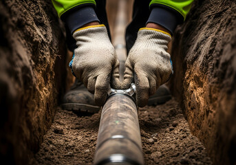 Worker securing underground pipe connection in trench | Close-up of hands installing utility pipeline in soil | Plumbing construction site maintenance and infrastructure installation
