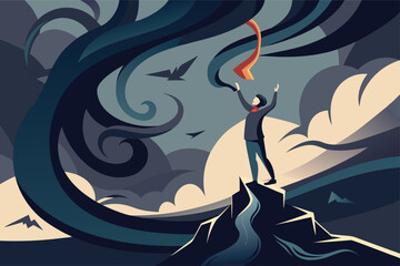 Brave person faces stormy skies and adversity, triumphing over challenges with a ray of hope, perfect for motivational content and business resilience themes