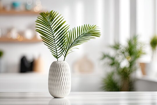 A white vase with palm leaves sits atop a table, blurred background shows kitchen