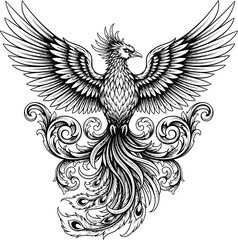 Obraz premium Phoenix bird illustration mythical creature tattoo design black white art eps silhouette