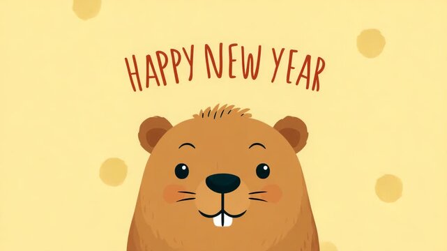 Cute cartoon groundhog illustration wishing Happy New Year perfect for greeting cards and festive designs