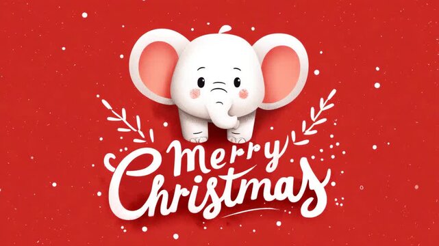 Festive Merry Christmas illustration with a cute white elephant holiday greeting card design on a red background with decorative elements