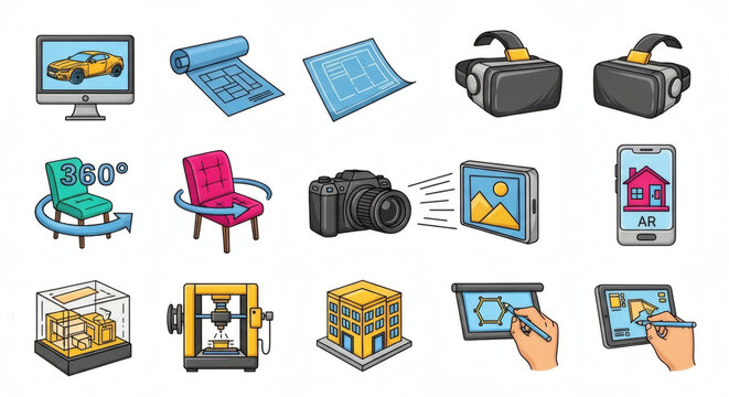 Comprehensive Icon Set Illustrating Modern Digital Design Technologies, Virtual Reality, Augmented Reality, 3D Printing, and Architectural Visualization Concepts