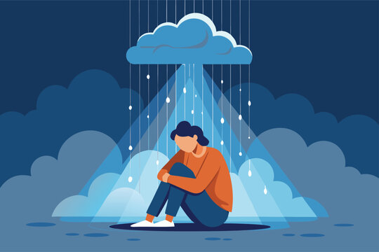 Feeling overwhelmed? Depressed woman sitting alone in the rain needs support and understanding during challenging times for mental health awareness