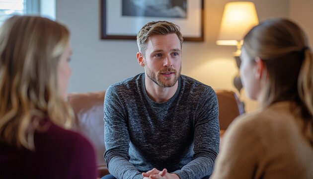 Three individuals engaged in a therapeutic session, discussing and listening intently in a living room.