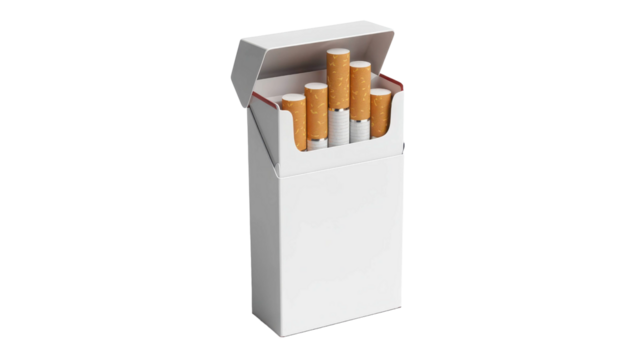 Open white pack of cigarettes showing tobacco sticks isolated on transparent background