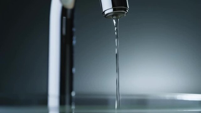 A close-up shot of a chrome faucet with a water droplet forming. The background is a gradient of dark grey
