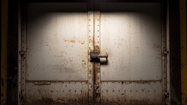 A shadowed close-up of a weathered, metal double door, featuring visible rivets and a rusty handle in the center