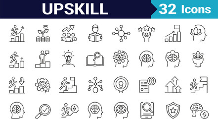Upskill Web Icon Set in Line Style. Collection of Personal growth Linear Icons, Including upskilling, development, education, career, reskill, progress, strategy, skill goal and more. Editable Stroke