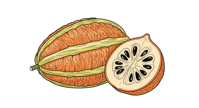 Vintage-style colored drawing of a whole and sliced akebia quinata fruit, also known as the chocolate vine, on white.