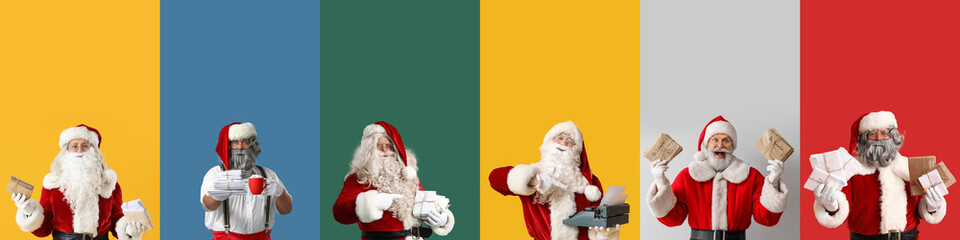 Collage of many Santa Clauses with letters on color background