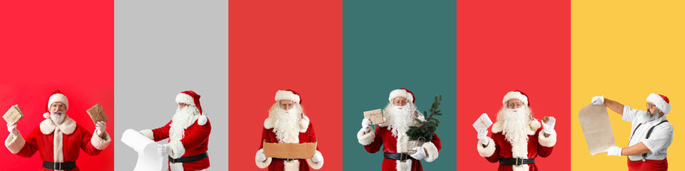 Collage of many Santa Clauses with letters on color background