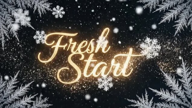 Fresh Start text with glowing effect and falling snowflakes on a dark background, framed by frosty branches.