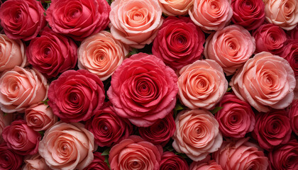 Full background of red and pink roses in red, pink, and peach, adorned with fresh water droplets