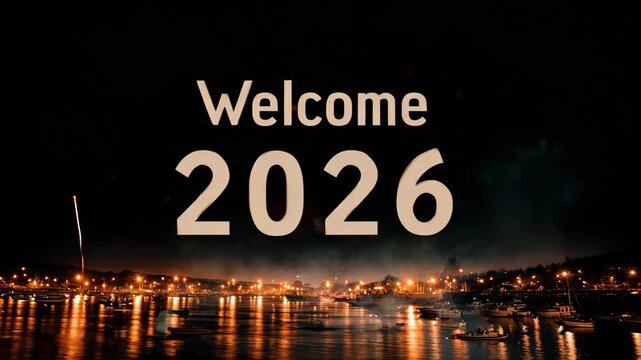 Welcome 2026 a festive new year celebration with fireworks over a brightly lit cityscape at night perfect for greeting cards and event promotions