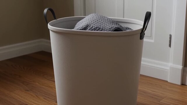 A close-up view of a laundry hamper with black handles containing a gray folded blanket, placed on wood floors