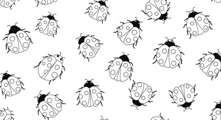 Seamless black and white pattern with cute, hand-drawn ladybugs scattered on a white background, perfect for a coloring page.