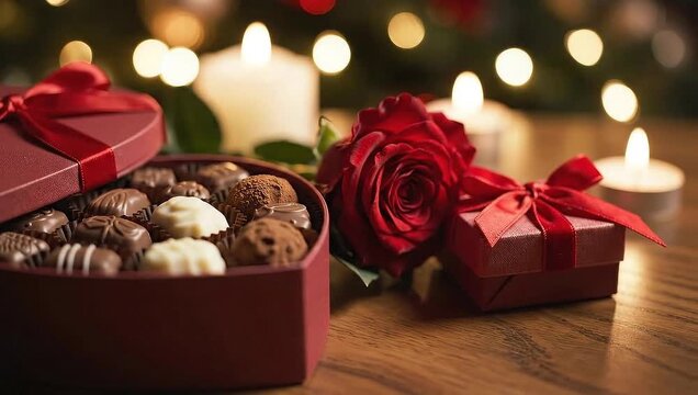 Romantic Valentines Day setup with heart-shaped chocolates, red rose, and candles.
