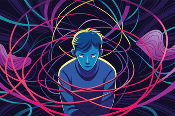 Stressed person feeling overwhelmed by anxiety and confusion, surrounded by chaos, mental health issues, perfect for editorial use and awareness campaigns