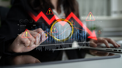 Economic caution visualized with fluctuating market graph, alert symbols, and negative data trends....