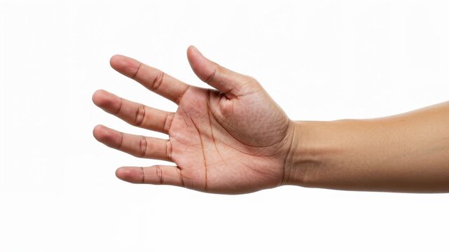 A close-up shot of a human hand, with fingers outstretched. The hand has visible palm lines, and rests on white backdrop