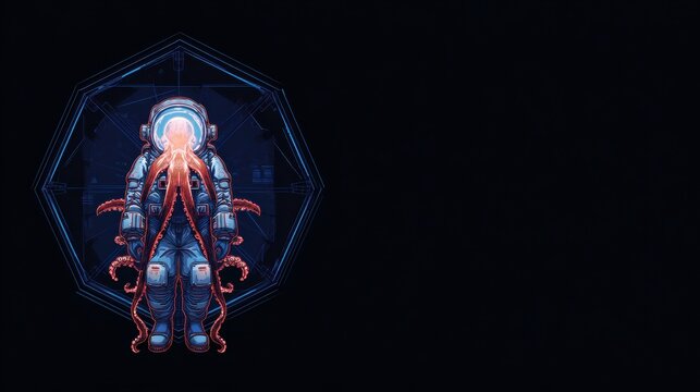 Futuristic Octopus Astronaut Explores the Depths of Space While Tethered to a Neon Spacecraft in a Vast Dark Void