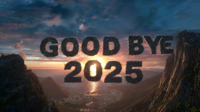 Goodbye 2025 text over a scenic landscape at sunset a conceptual image for end of year celebrations and new beginnings with a hopeful outlook