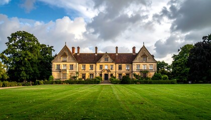 Large, stately building with a sprawling green lawn and overcast sky