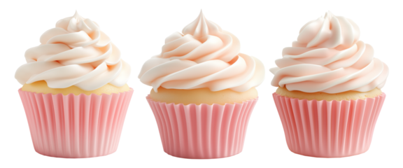 Vanilla cupcake with smooth pink whipped cream frosting in soft pink wrapper isolated on white transparent background