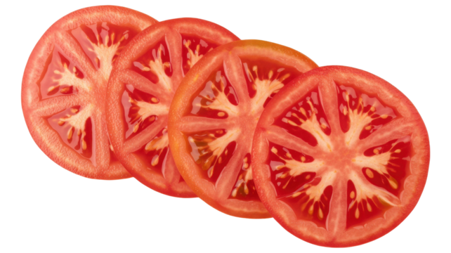 Four bright red tomato slices arranged diagonally isolated on transparent background