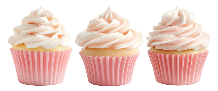 Vanilla cupcake with smooth pink whipped cream frosting in soft pink wrapper isolated on white transparent background - Powered by Adobe
