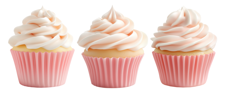 Vanilla cupcake with smooth pink whipped cream frosting in soft pink wrapper isolated on white transparent background
