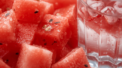 Watermelon cubes beside a glass of infused juice