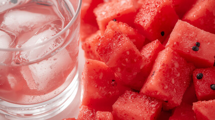 Watermelon cubes beside glass of infused juice