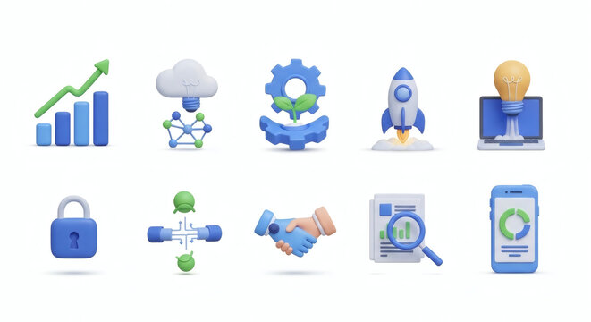 Vibrant 3D icon collection illustrating key aspects of modern business strategy, digital innovation, data management, and secure technology solutions for growth and collaboration.