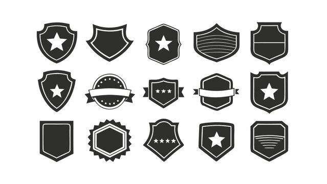 Set of Black Shield and Badge Shapes with Stars and Ribbons Silhouettes emblem crest