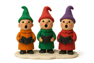 Fototapeta premium Three charming handmade clay gnomes in colorful hats and coats sing festive holiday carols from their books in a delightful miniature choir scene