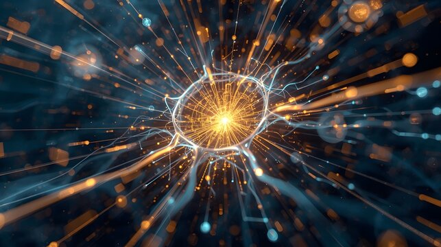 Abstract Digital Neural Network Futuristic Connection Concept Illustrates Data Analysis Artificial Intelligence Innovation and Technology Power of Brain with Blue and Gold Colors