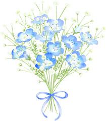 ネモフィラとカスミソウの花束の水彩イラスト