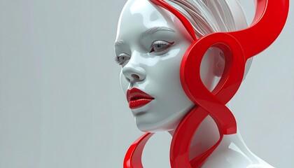 Glossy female bust with red ribbons wrapping and framing head, against a stark grey backdrop