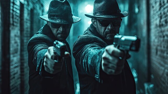 Gritty noir scene of menacing figures in hats and sunglasses aiming guns in a dark alleyway, perfect for crime drama, action movie, or suspenseful storytelling visuals