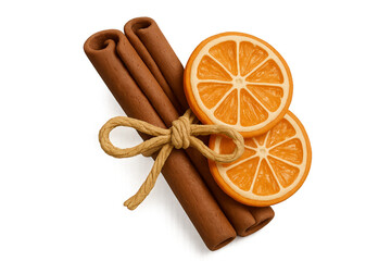 A bundle of decorative cinnamon sticks and dried orange slices tied with a rustic rope bow, creating a warm and festive composition for seasonal holiday crafts and decor