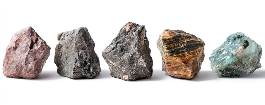Collection of Colorful Rocks and Minerals on White Background.