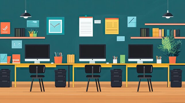 Modern office workspace with computers and sleek decor creates an inspiring environment for productivity and collaboration, perfect for startups and design firms