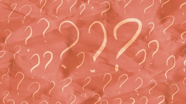 Slow vertical panning motion of wrinkled paper, solid soft orange color background, animated repeated hand drawn question mark pattern stop motion